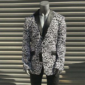 Men’s Angelino Black | White Leopard Casual Prom | Tuxedo | Blazer